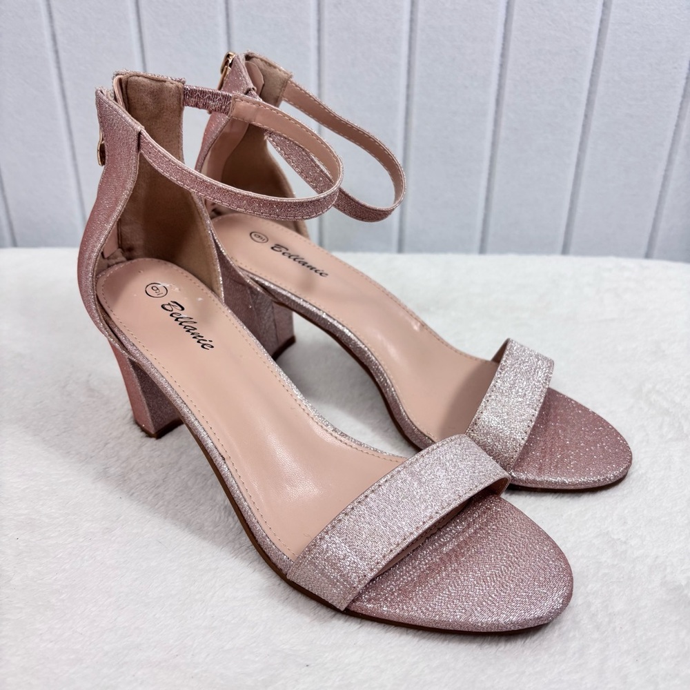 Ralph Lauren Bellanie Pink low block Glitter Rose Gold Strap Size 9